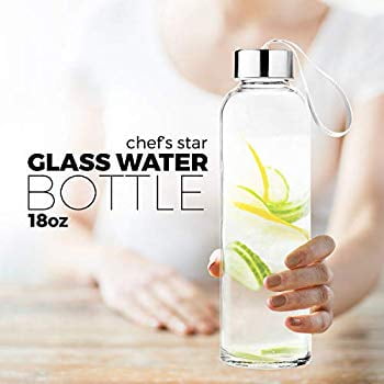 Individual Protection Sleeve Included 6 pack Stainless Steel Leak proof Caps with Carrying Loop Chefs Star Clear Glass Water Bottle 18 oz Bottles For Fresh Juice /& Beverages Storage